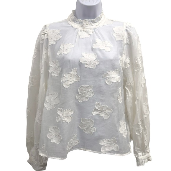 H&M Tops - H&M Women's Size 2 White Floral Ruffle Neck Sheer Long Sleeve Blouse